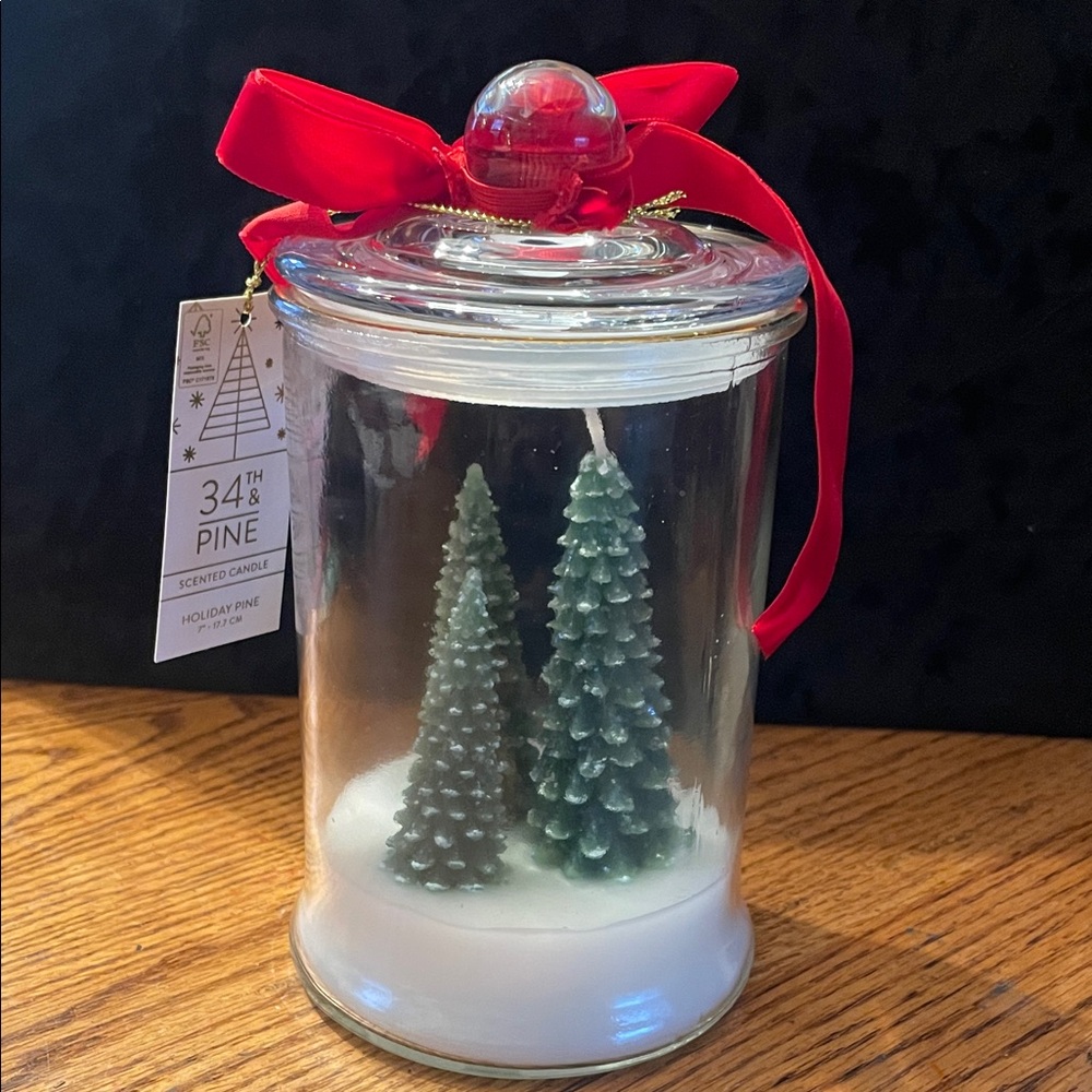 Holiday Pine Candle with Red Ribbon - Picture 1 of 4